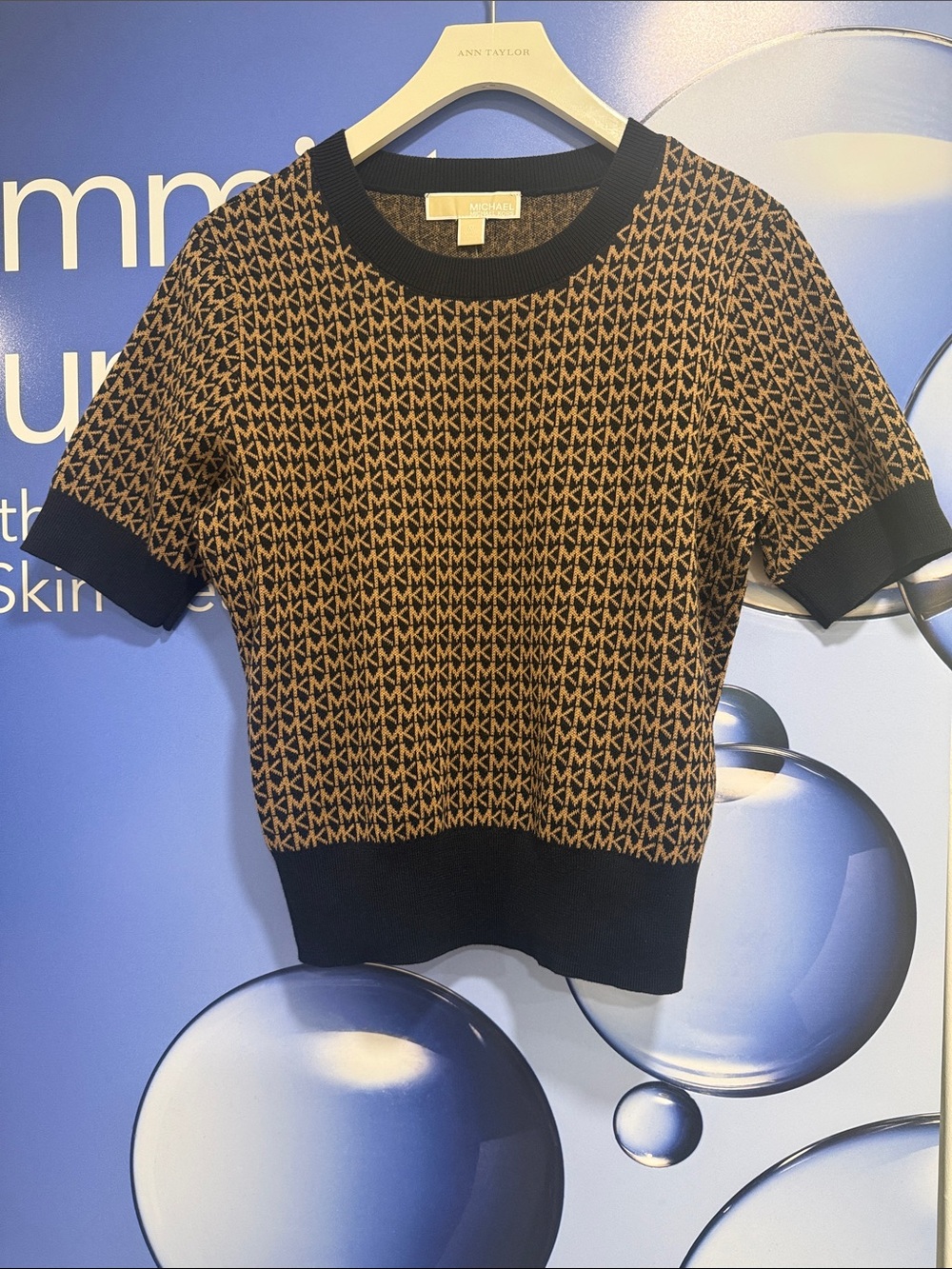 NWT Michael Kors Logo Knit Short Sleeve Sweater Black Tan Size M